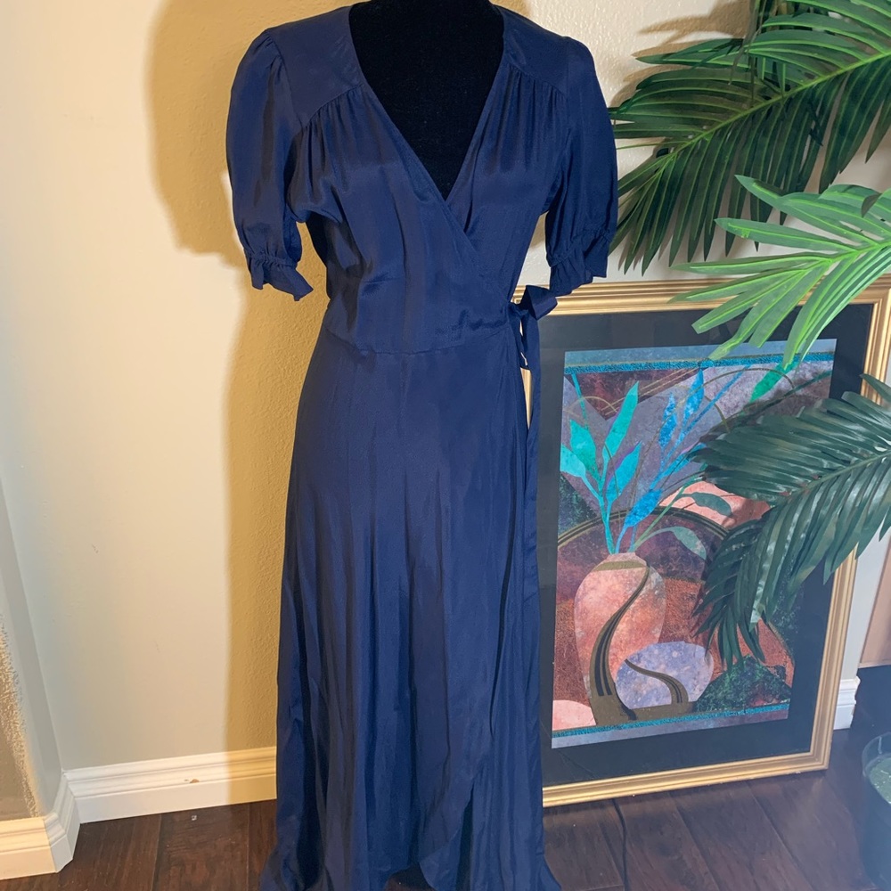 Reformation navy blue puff sleeve maxi wrap dress